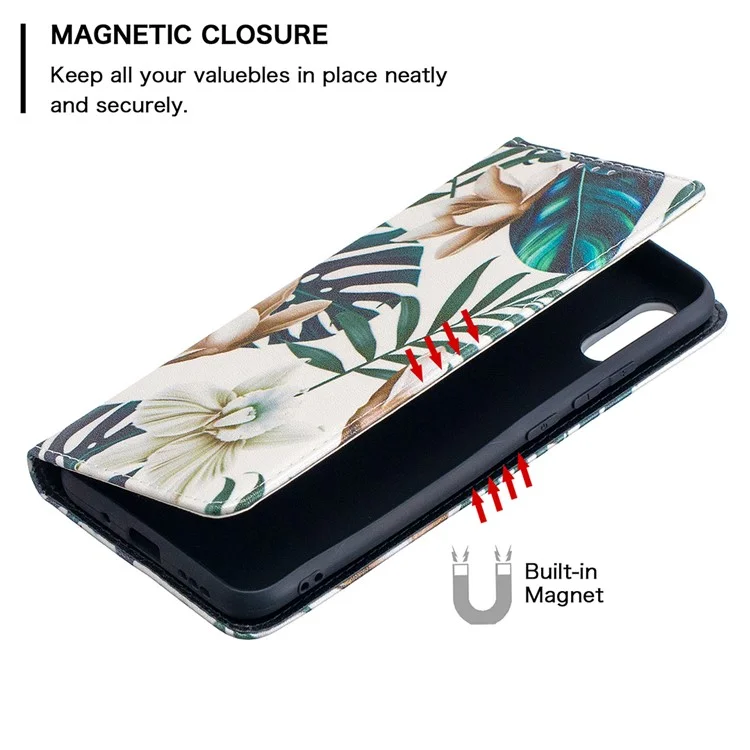 Auto-absorbiertes Pu-leder-standhülle Mit Musterdruck Für Xiaomi Redmi 9A - Grüne Blätter