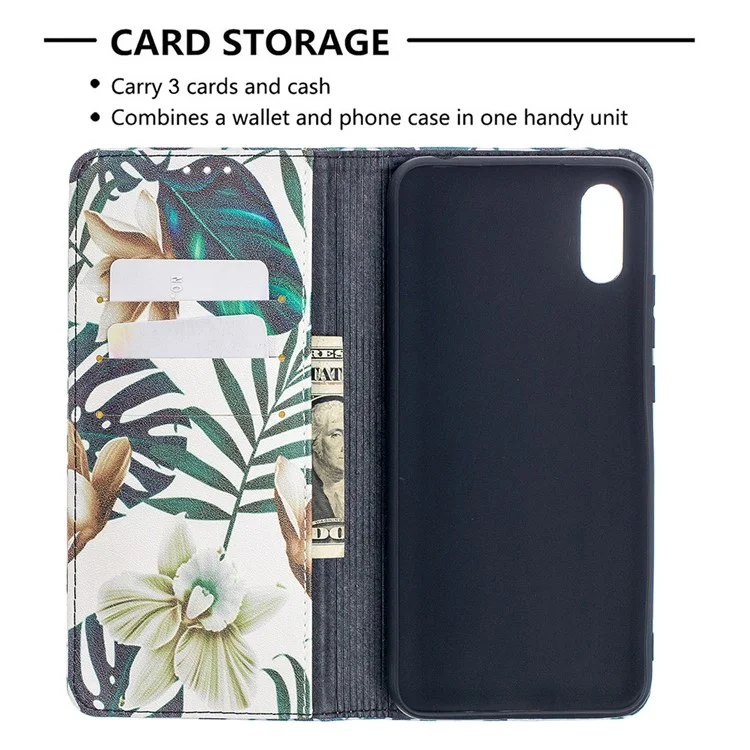 Auto-absorbiertes Pu-leder-standhülle Mit Musterdruck Für Xiaomi Redmi 9A - Grüne Blätter