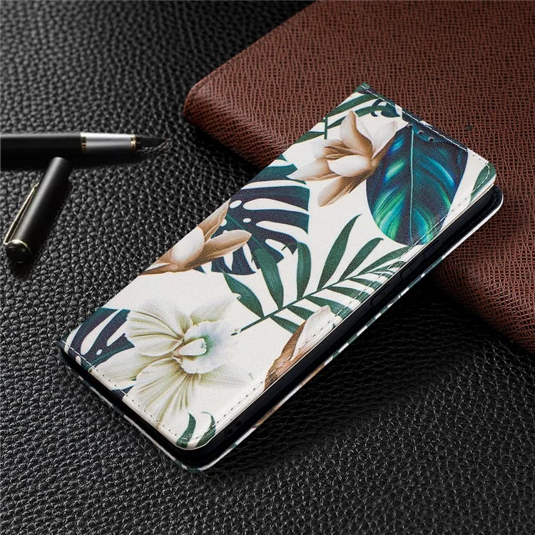 Auto-absorbiertes Pu-leder-standhülle Mit Musterdruck Für Xiaomi Redmi 9A - Grüne Blätter