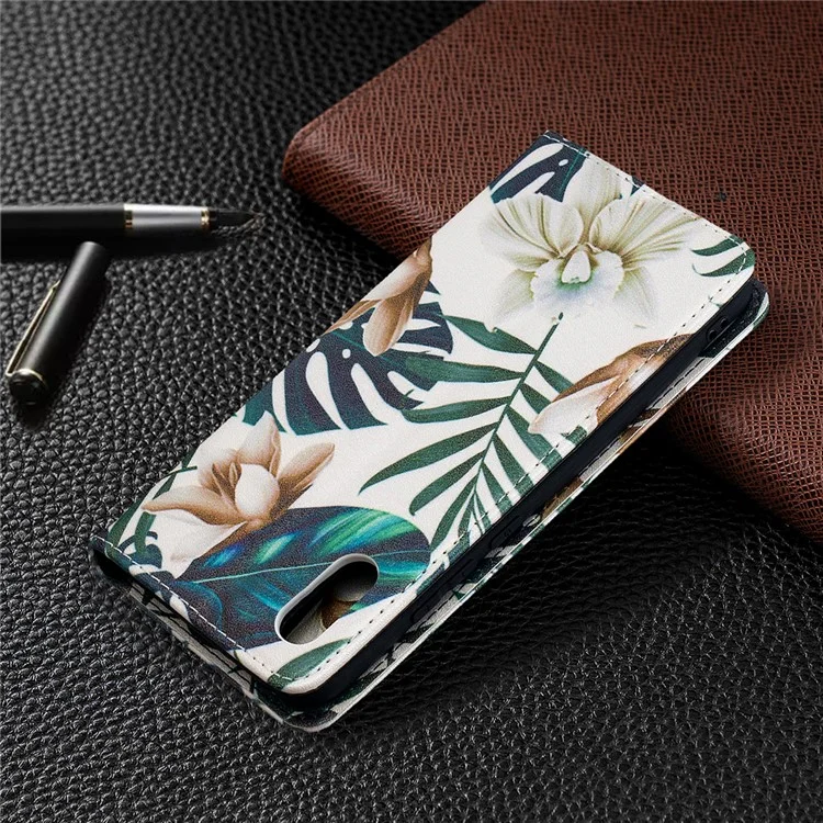 Auto-absorbiertes Pu-leder-standhülle Mit Musterdruck Für Xiaomi Redmi 9A - Grüne Blätter