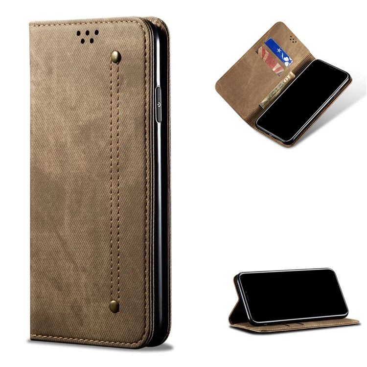 Custodia protettiva in pelle per cellulare con design a portafoglio in tessuto di jeans per Xiaomi Redmi Note 9 5G/Note 9T 5G - Cachi 