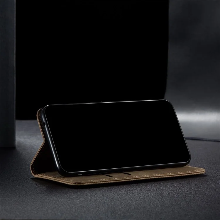 Custodia protettiva in pelle per cellulare con design a portafoglio in tessuto di jeans per Xiaomi Redmi Note 9 5G/Note 9T 5G - Cachi 