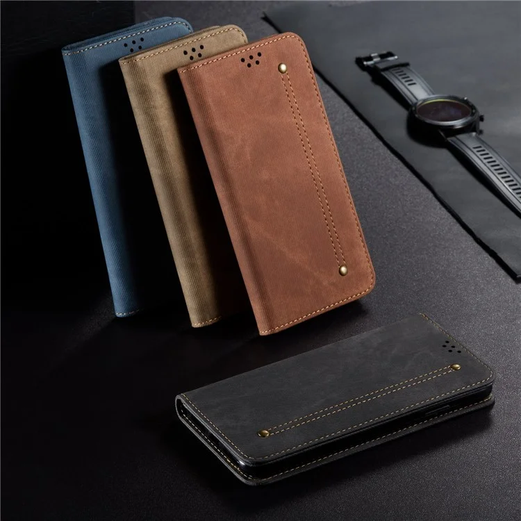 Jeans Tela Superficie de la Superficie Diseño de la Billetera de Cuero Cubierta Protectora Para Xiaomi Redmi Nota 9 5g/nota 9t 5g - Caqui