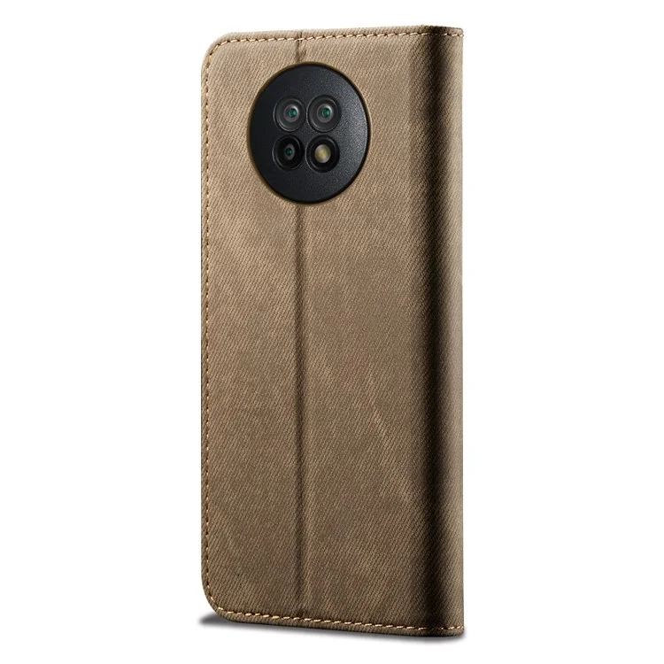 Custodia protettiva in pelle per cellulare con design a portafoglio in tessuto di jeans per Xiaomi Redmi Note 9 5G/Note 9T 5G - Cachi 