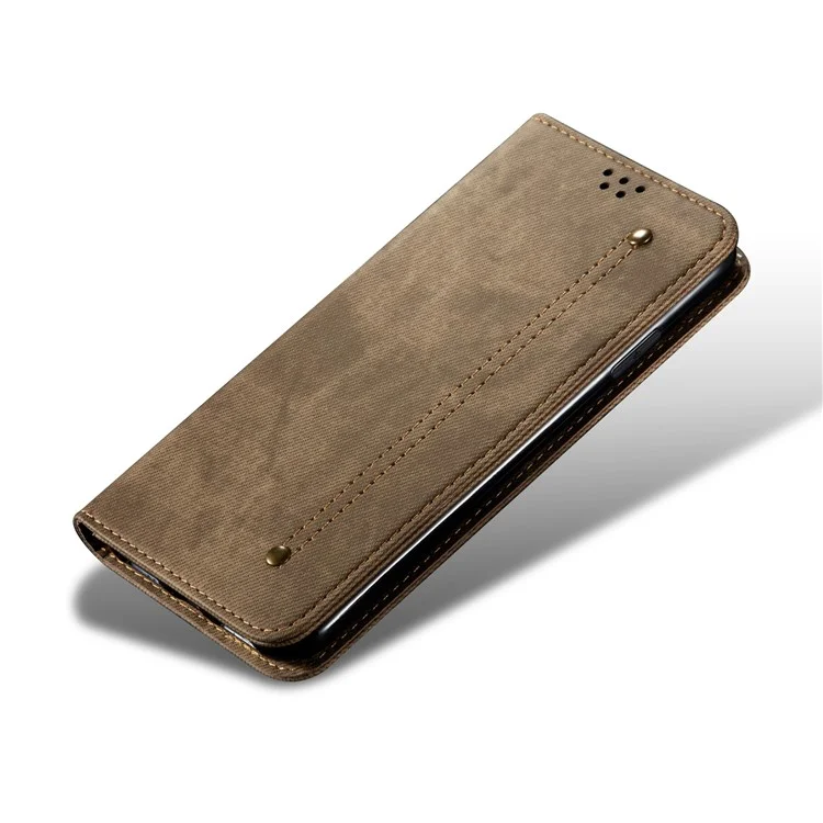 Jeans Cloth Surface Wallet Design Leather Cell Phone Protective Cover for Xiaomi Redmi Note 9 5G/Note 9T 5G - Khaki