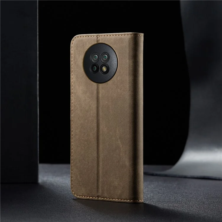 Custodia protettiva in pelle per cellulare con design a portafoglio in tessuto di jeans per Xiaomi Redmi Note 9 5G/Note 9T 5G - Cachi 