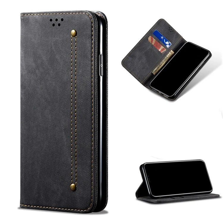 Jeans en Tissu de Surface du Portefeuille en Cuir Couvercle de Protection de Téléphone Portable Pour Xiaomi Redmi Note 9 5G / Note 9t 5G - le Noir