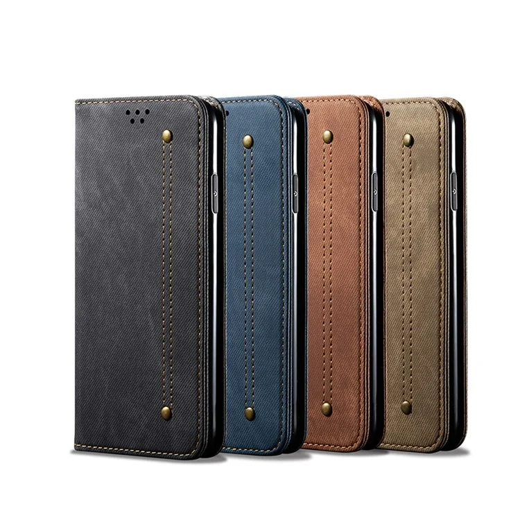 Jeans en Tissu de Surface du Portefeuille en Cuir Couvercle de Protection de Téléphone Portable Pour Xiaomi Redmi Note 9 5G / Note 9t 5G - le Noir