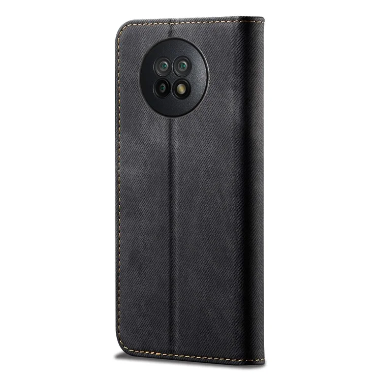 Jeans Cloth Surface Wallet Design Leather Cell Phone Protective Cover for Xiaomi Redmi Note 9 5G/Note 9T 5G - Black