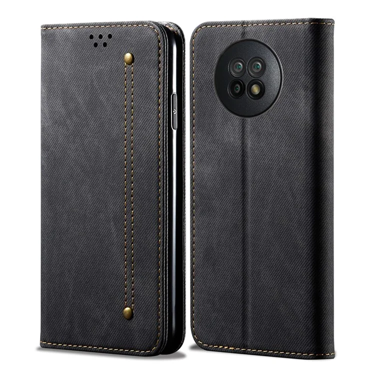 Jeans Cloth Surface Wallet Design Leather Cell Phone Protective Cover for Xiaomi Redmi Note 9 5G/Note 9T 5G - Black