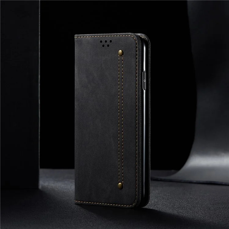 Jeans en Tissu de Surface du Portefeuille en Cuir Couvercle de Protection de Téléphone Portable Pour Xiaomi Redmi Note 9 5G / Note 9t 5G - le Noir