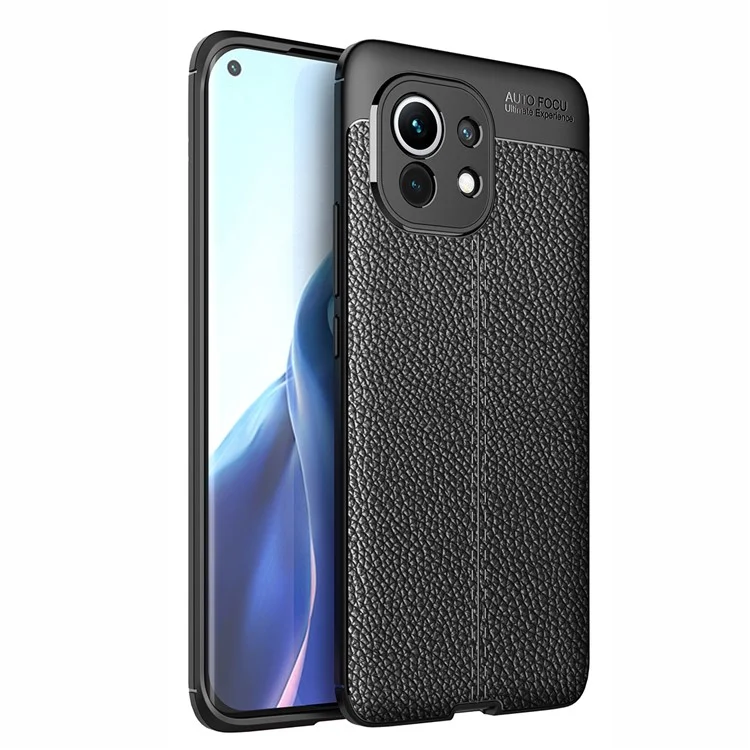 Caso de Quatro Cantos Litchi Textura Soft TPU Protetor Para Xiaomi Mi 11 Capa de Telefone Celular - Preto