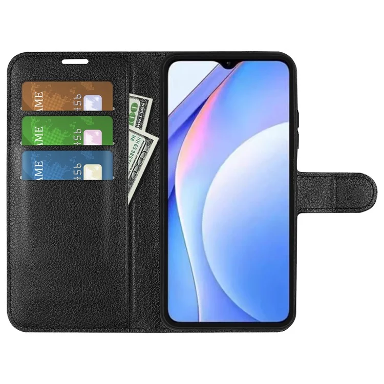 Litchi Texture Folio Flip Leather Phone Cover for Xiaomi Redmi Note 9 4G (Qualcomm Snapdragon 662)/Redmi 9 Power/Redmi 9T - Negro