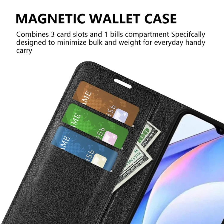 Litchi Texture Folio Flip Leather Phone Cover for Xiaomi Redmi Note 9 4G (Qualcomm Snapdragon 662)/Redmi 9 Power/Redmi 9T - Negro