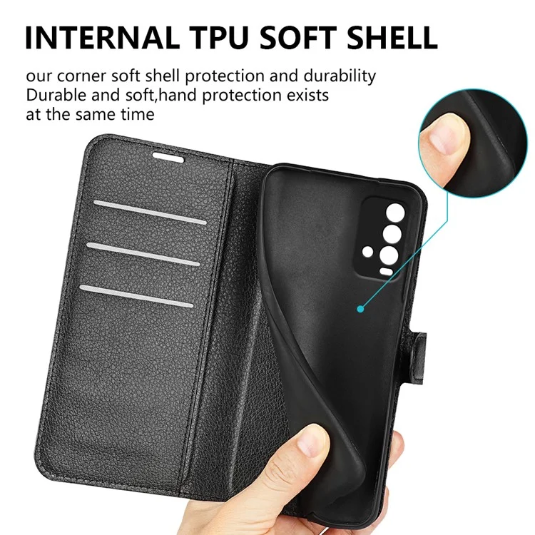 Litchi Texture Folio Flip Leather Phone Cover for Xiaomi Redmi Note 9 4G (Qualcomm Snapdragon 662)/Redmi 9 Power/Redmi 9T - Negro