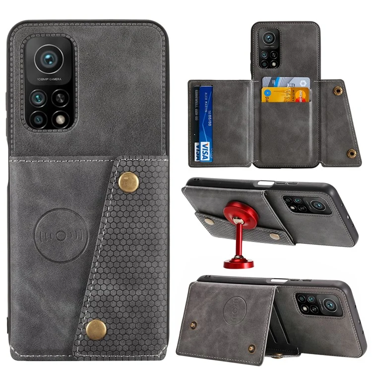 Coque en TPU enduit de cuir PU [Feuille magnétique de véhicule intégrée] avec poche pour carte pour Xiaomi Mi 10T 5G/Mi 10T Pro 5G/Redmi K30S - Gris