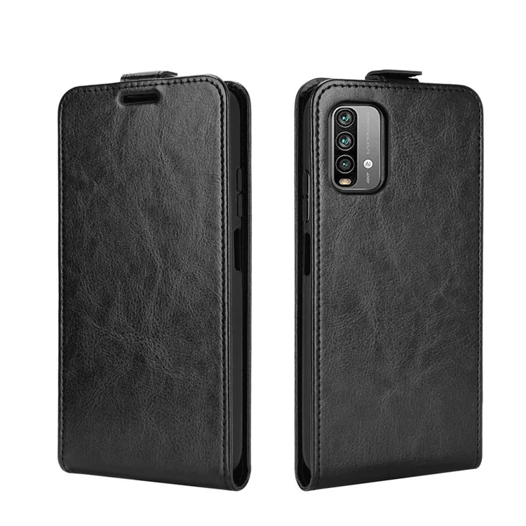 Protecteur De Cuir Vertical De Cheval Fou Pour Xiaomi Redmi Note 9 4G / Redmi 9T / 9 Porte-cartes D'alimentation 9T / 9 - Noir