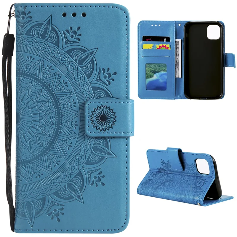 Imprinted Mandala Flower Wallet Leather Case with Strap for Xiaomi Mi 11 - Blue