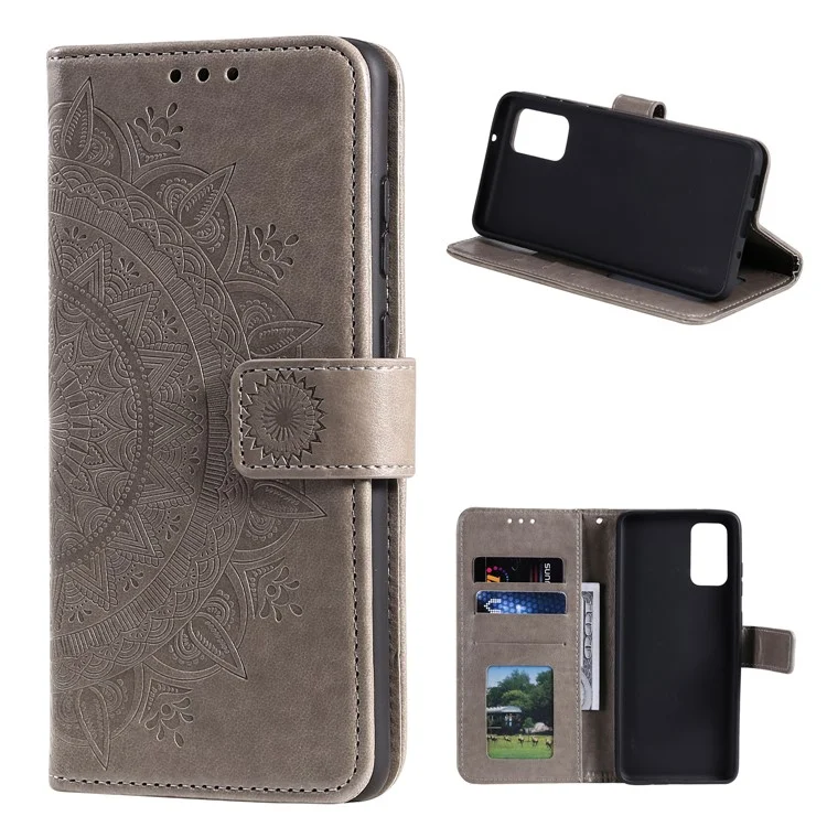 Imprinted Mandala Flower Wallet Leather Case with Strap for Xiaomi Poco M3 - Grey