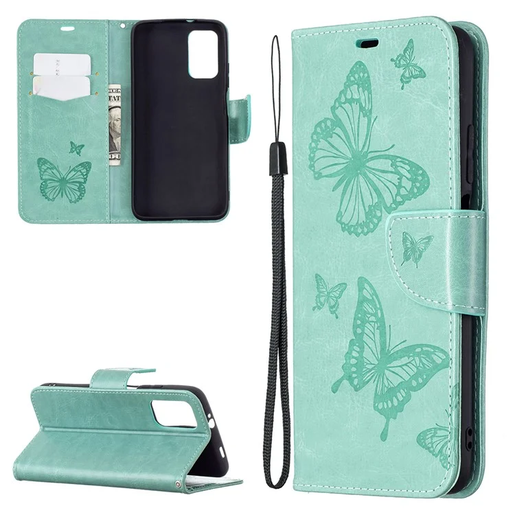 Per Xiaomi Poco M3 Imprint Butterflies Worthet Stand Flip Leather Shell - Verde