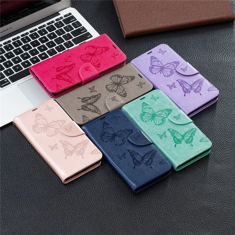 Per Xiaomi Poco M3 Imprint Butterflies Worthet Stand Flip Leather Shell - Verde