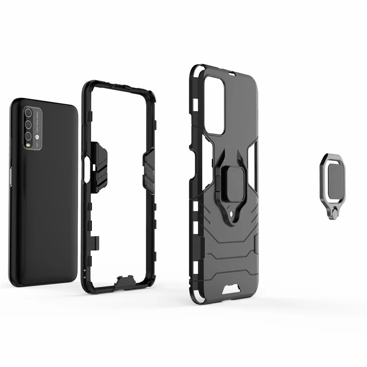 PC TPU Hybrid Finger Ring Holder Kickstand Case Pour Xiaomi Redmi Note 9 4G (Qualcomm Snapdragon 662) / 9 Power / 9t - le Noir