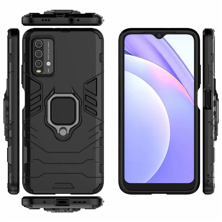 PC TPU Hybrid Finger Ring Holder Kickstand Case Pour Xiaomi Redmi Note 9 4G (Qualcomm Snapdragon 662) / 9 Power / 9t - le Noir