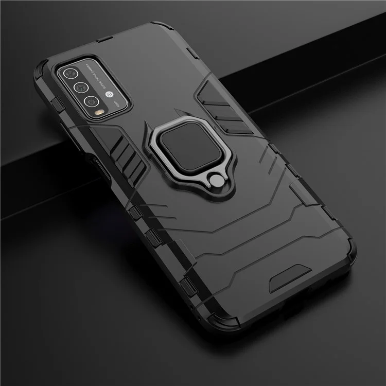 PC TPU Hybrid Finger Ring Holder Kickstand Case for Xiaomi Redmi Note 9 4G (Qualcomm Snapdragon 662)/9 Power/9T - Black