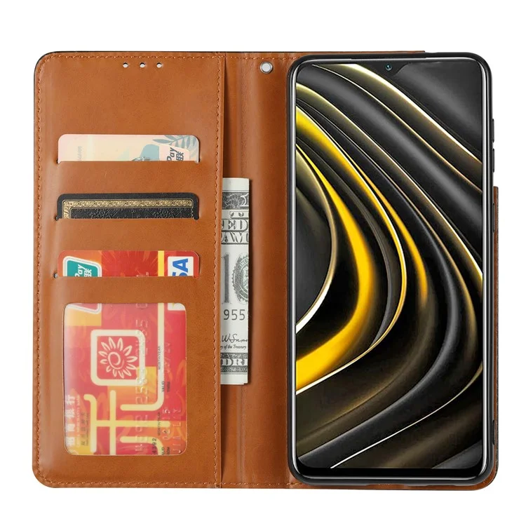 Wallet Stand Design Auto-absorbed Leather Protective Phone Cover for Xiaomi Poco M3 - Brown