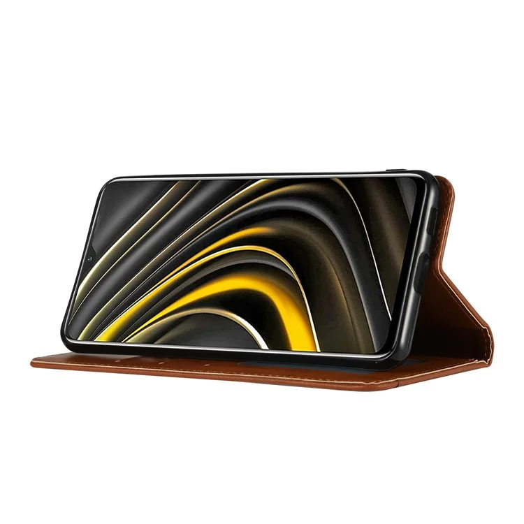 Wallet Stand Design Auto-absorbed Leather Protective Phone Cover for Xiaomi Poco M3 - Brown