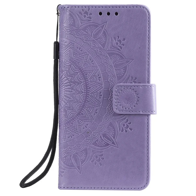 Imprinted Mandala Flower Stand Wallet Leather Case with Lanyard for Xiaomi Redmi Redmi Note 9 5G/Note 9T 5G - Purple