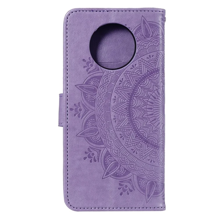 Imprinted Mandala Flower Stand Wallet Leather Case with Lanyard for Xiaomi Redmi Redmi Note 9 5G/Note 9T 5G - Purple