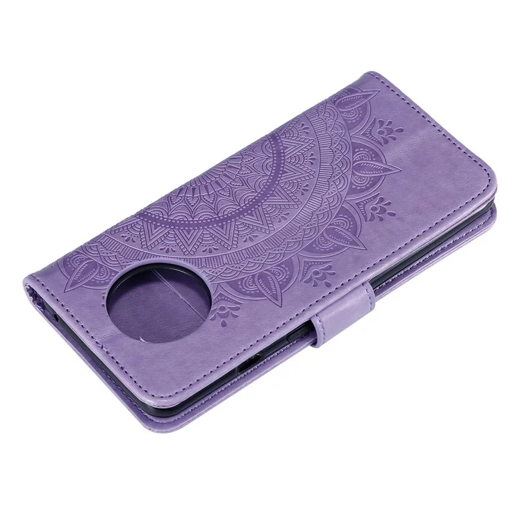 Imprinted Mandala Flower Stand Wallet Leather Case with Lanyard for Xiaomi Redmi Redmi Note 9 5G/Note 9T 5G - Purple