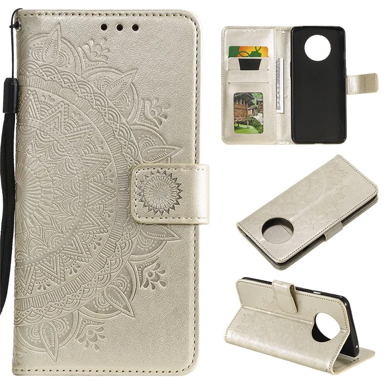 Imprinted Mandala Flower Stand Wallet Leather Case with Lanyard for Xiaomi Redmi Redmi Note 9 5G/Note 9T 5G - Gold