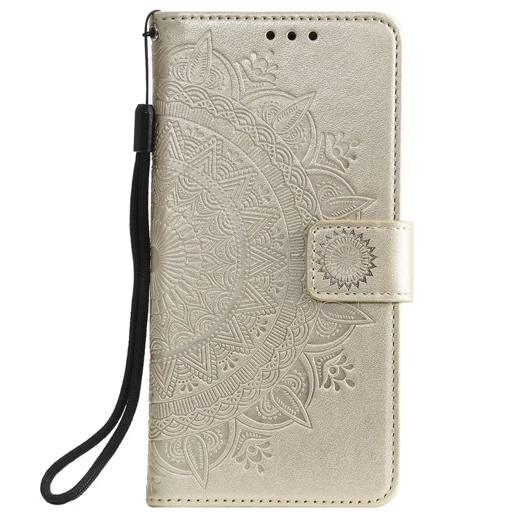 Imprinted Mandala Flower Stand Wallet Leather Case with Lanyard for Xiaomi Redmi Redmi Note 9 5G/Note 9T 5G - Gold