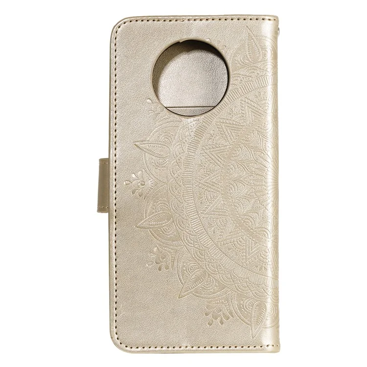 Imprinted Mandala Flower Stand Wallet Leather Case with Lanyard for Xiaomi Redmi Redmi Note 9 5G/Note 9T 5G - Gold