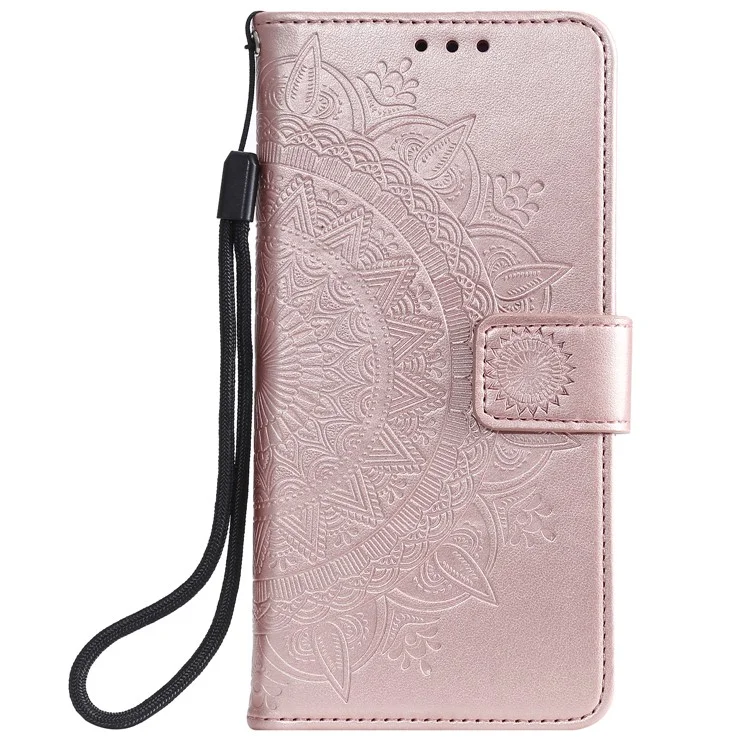 Imprinted Mandala Flower Stand Wallet Leather Case with Lanyard for Xiaomi Redmi Redmi Note 9 5G/Note 9T 5G - Rose Gold