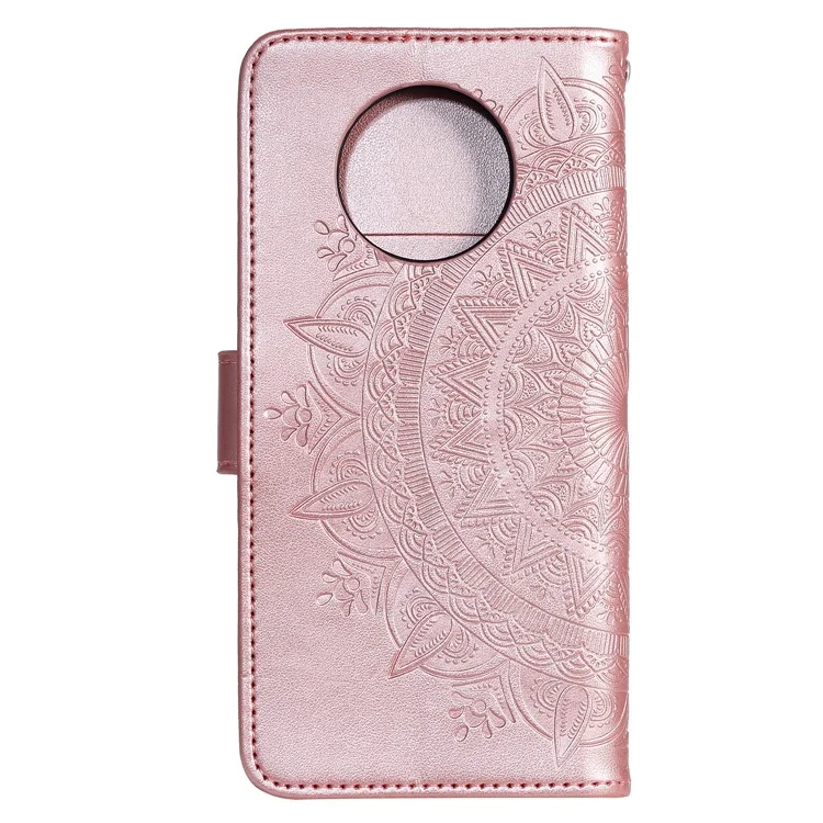 Imprinted Mandala Flower Stand Wallet Leather Case with Lanyard for Xiaomi Redmi Redmi Note 9 5G/Note 9T 5G - Rose Gold