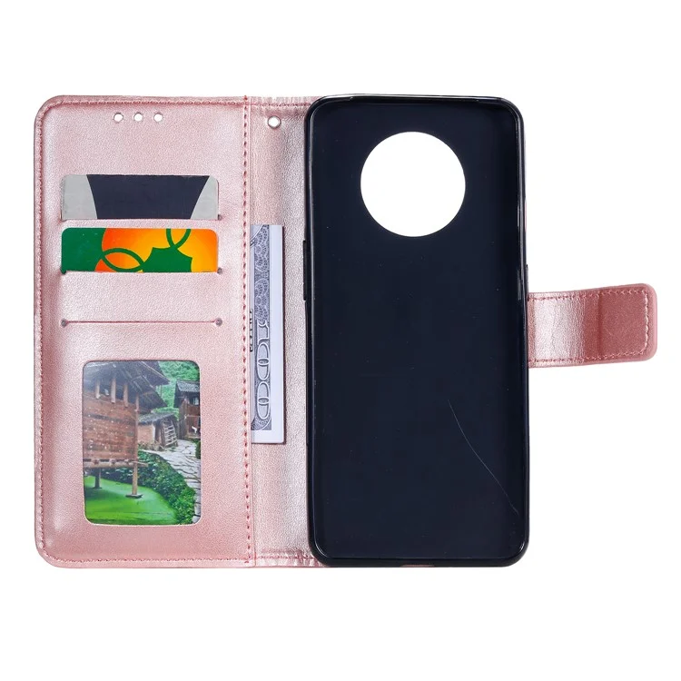 Imprinted Mandala Flower Stand Wallet Leather Case with Lanyard for Xiaomi Redmi Redmi Note 9 5G/Note 9T 5G - Rose Gold