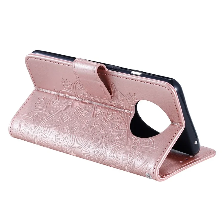 Imprinted Mandala Flower Stand Wallet Leather Case with Lanyard for Xiaomi Redmi Redmi Note 9 5G/Note 9T 5G - Rose Gold