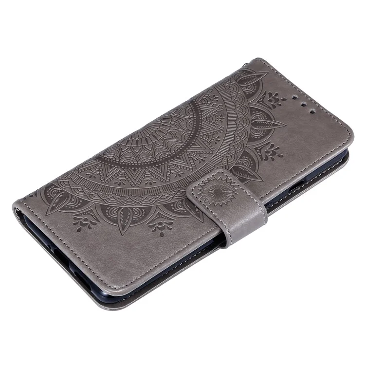 Imprinted Mandala Flower Stand Wallet Leather Case with Lanyard for Xiaomi Redmi Redmi Note 9 5G/Note 9T 5G - Grey