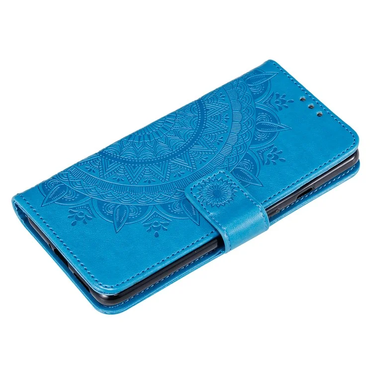 Imprinted Mandala Flower Stand Wallet Leather Case with Lanyard for Xiaomi Redmi Redmi Note 9 5G/Note 9T 5G - Blue