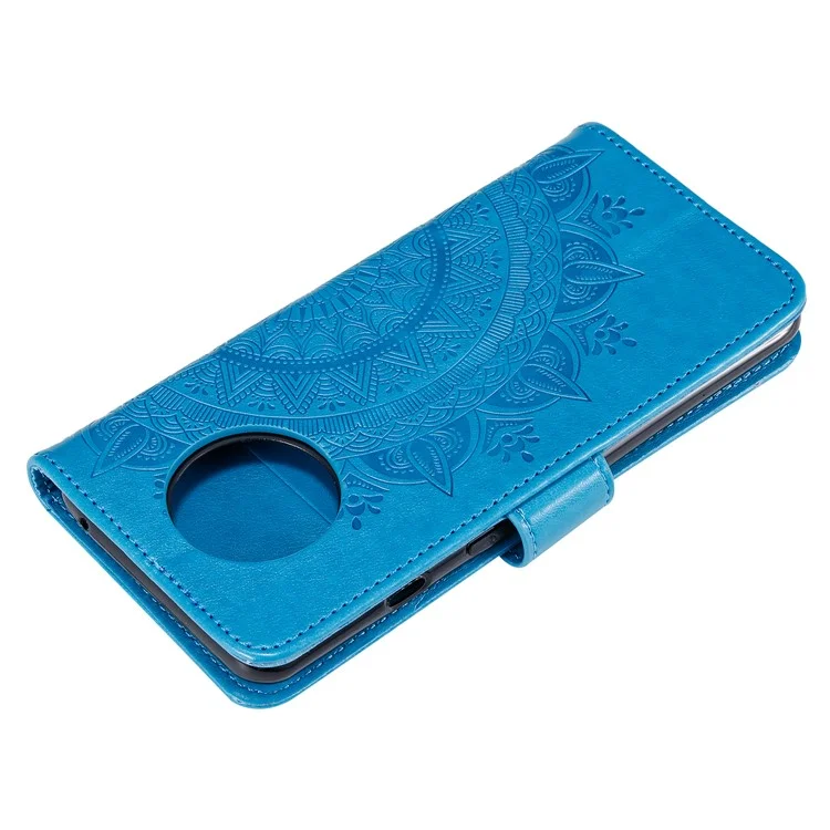 Imprinted Mandala Flower Stand Wallet Leather Case with Lanyard for Xiaomi Redmi Redmi Note 9 5G/Note 9T 5G - Blue