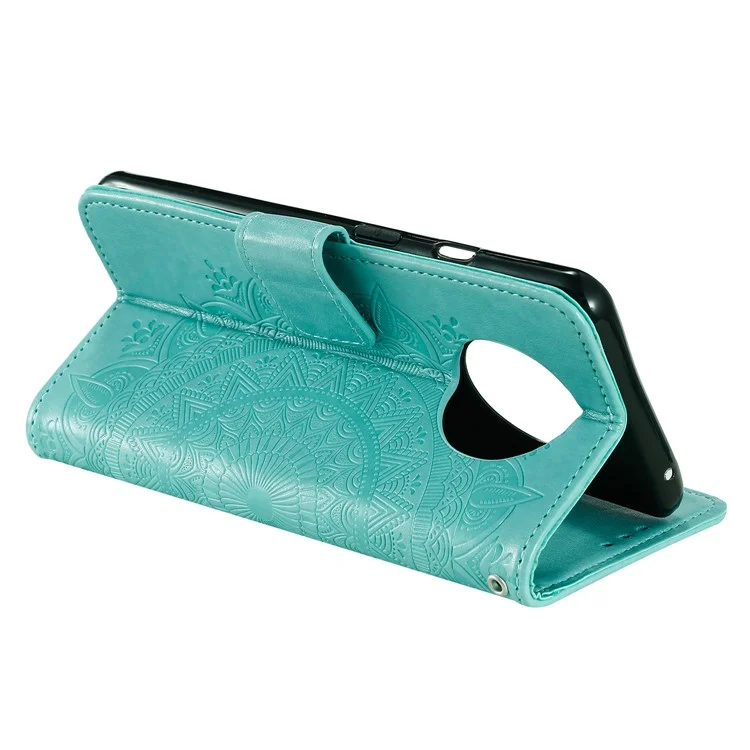 Estojo De Couro Da Carteira De Estante De Flor De Mandala Impresso Com Cordão Para Xiaomi Redmi Redmi Nota 9 5g / Nota 9t 5g - Verde