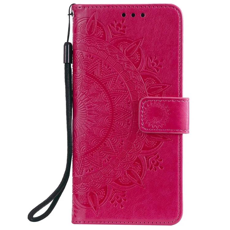 Imprinted Mandala Flower Stand Wallet Leather Case with Lanyard for Xiaomi Redmi Redmi Note 9 5G/Note 9T 5G - Rose