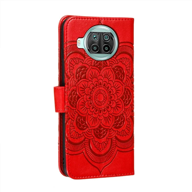 Imprint Mandala Flower Stand for Xiaomi Mi 10T Lite 5G/10i 5G/Redmi Note 9 Pro 5G Leather Case - Red