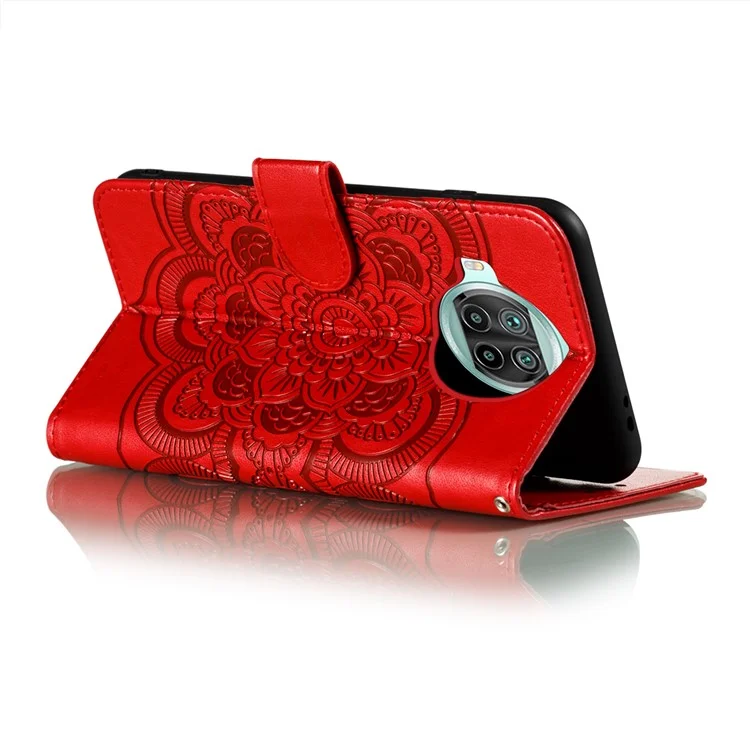 Pie De Imprenta Mandala Flower Soporte Para Xiaomi MI 10T Lite 5G / 10I 5G / Redmi Note 9 Pro 5G Caja De Cuero - Rojo