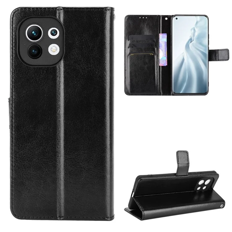 Étui de téléphone en cuir grainé Crazy Horse avec support et lanière pour Xiaomi Mi 11 - Noir