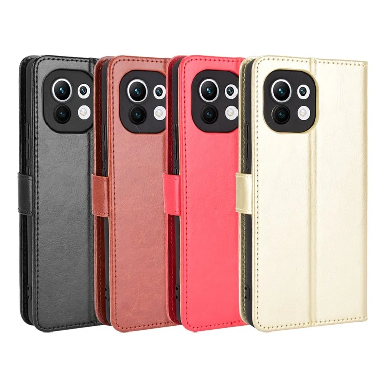Étui de téléphone en cuir grainé Crazy Horse avec support et lanière pour Xiaomi Mi 11 - Noir