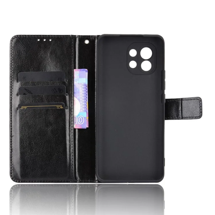 Étui de téléphone en cuir grainé Crazy Horse avec support et lanière pour Xiaomi Mi 11 - Noir